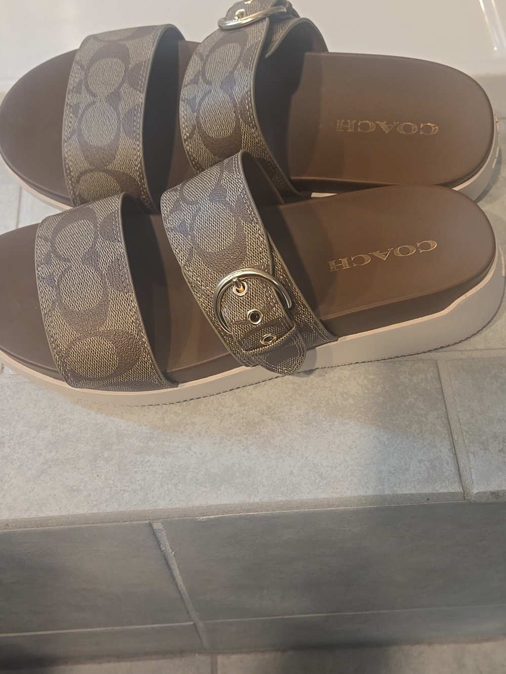 Coach Women's Brown Signature Double-Strap Slide Sandals - Picture 4 of 6